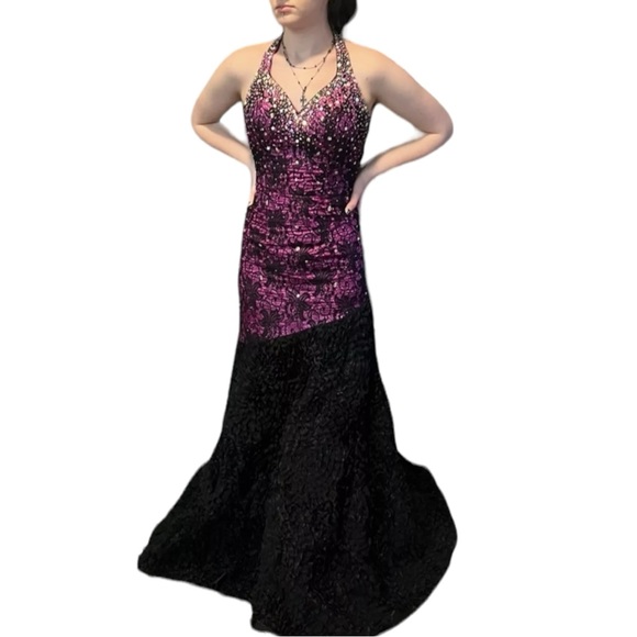 Johnathan Kayne Purple Black Lace Halter Goth Prom Wedding Dress Gown 2 edgy - Picture 12 of 15